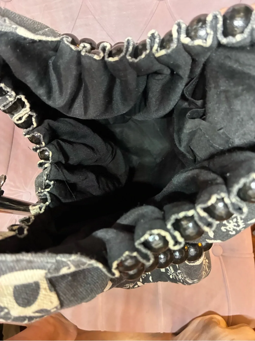 Black Skull-Print Beaded Handle Tote Bag - Edgy/Boho